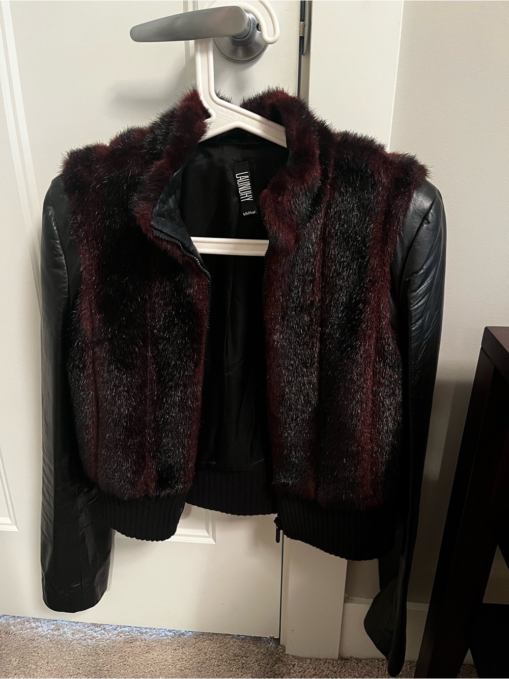 Laundry By Shelli Segal Burgundy Faux Fur & Black Leather Bomber Jacket